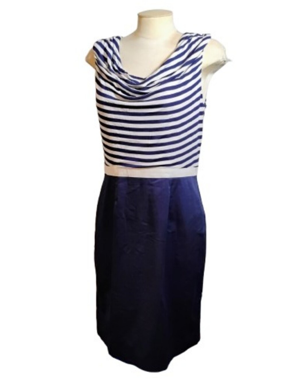 Spense Sleeveless Breton Stripe Dress Sz 8 Navy White Cowl Neck Sheath New w Tag